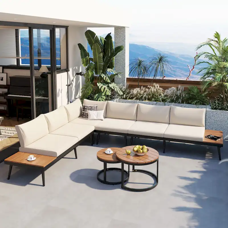 TREXM 6-Piece Outdoor Sectional Sofa Set with Round Nesting Coffee Tables and Seating Sofa