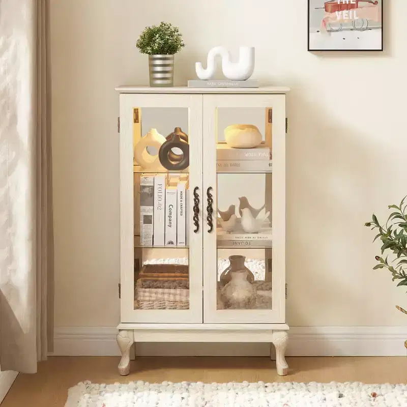 VIYET 44 Lighted Curio Cabinet, White MDF+Glass Display w/ Tempered Glass Doors & Adjustable Shelves (Mirrored Back, Bulb Included)