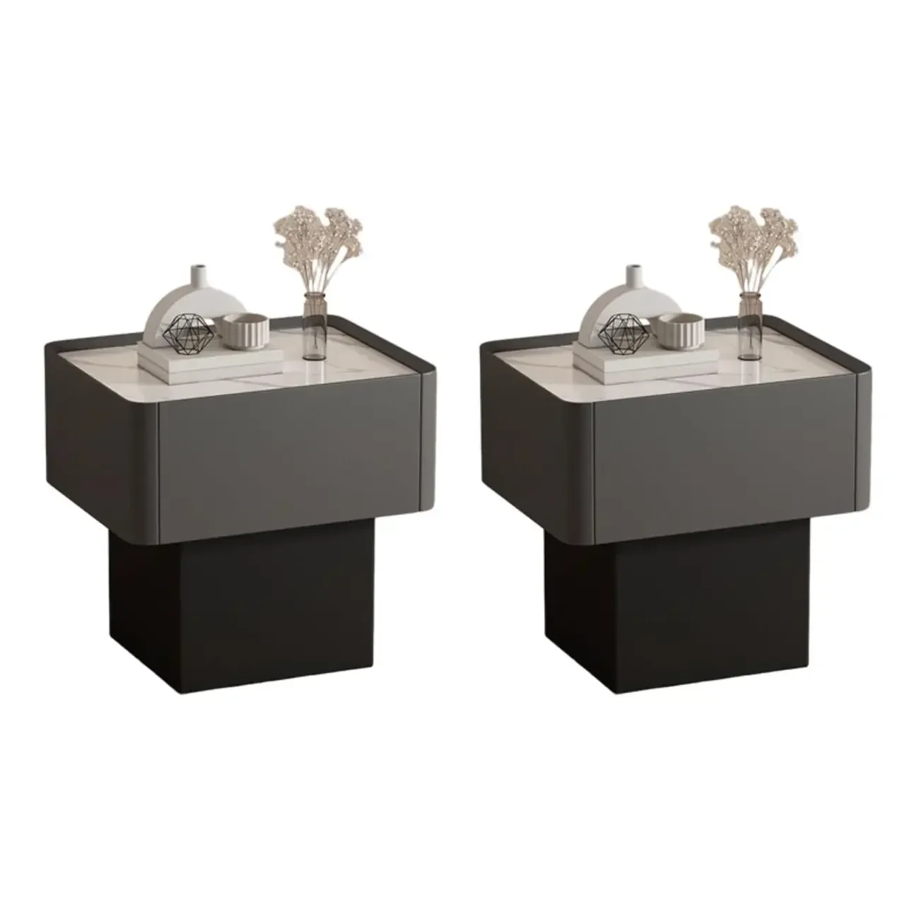 Modern Faux Leather Drawer Nightstand with Stone Top