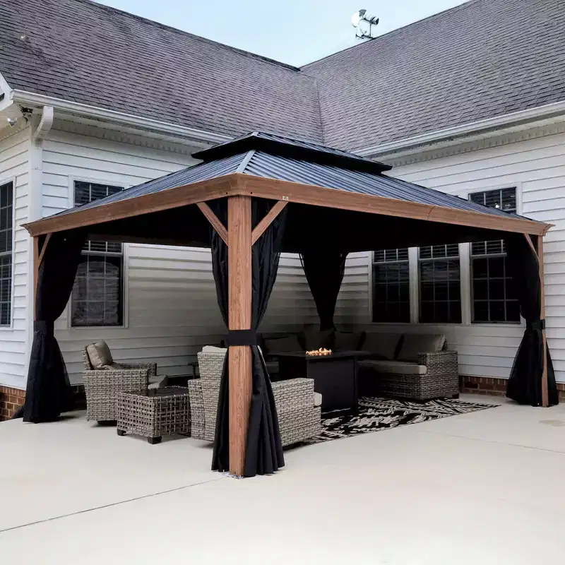 PURPLE LEAF 12' X 16' Outdoor Hardtop Gazebo for Patio Galvanized Steel Double Roof Teak Finish Coated Aluminum Frame Pavilion Gazebo with Netting