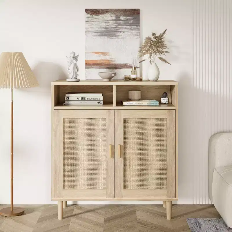 36.2 Modern Rattan Sideboard Cabinet. Dual Rattan Doors & Open Compartments. Wood Legs for Living Room & Kitchen Storage