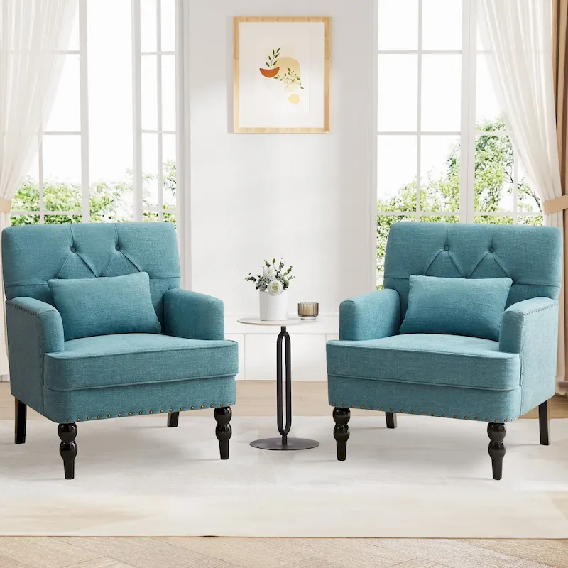 Set of 2 Arm Chair Upholstered Button Tufted Accent Chair with Lumbar Pillow Beige/ Grey/ Light Blue