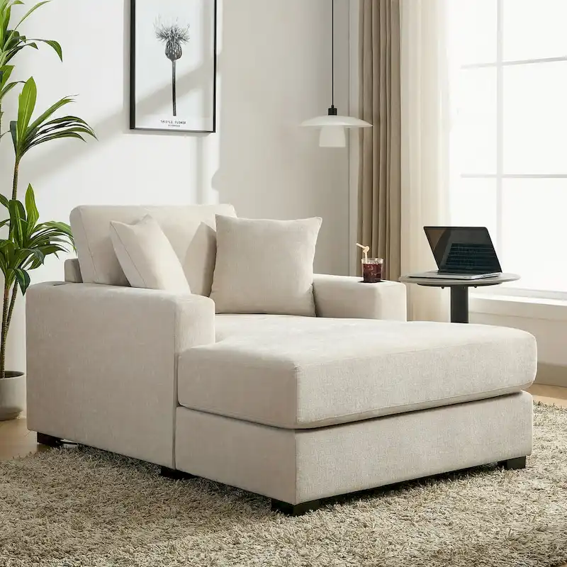 43.5  Chenille Fabric Chaise Lounger Sofa Couch with Pillows, Charge Station & Cup Holders