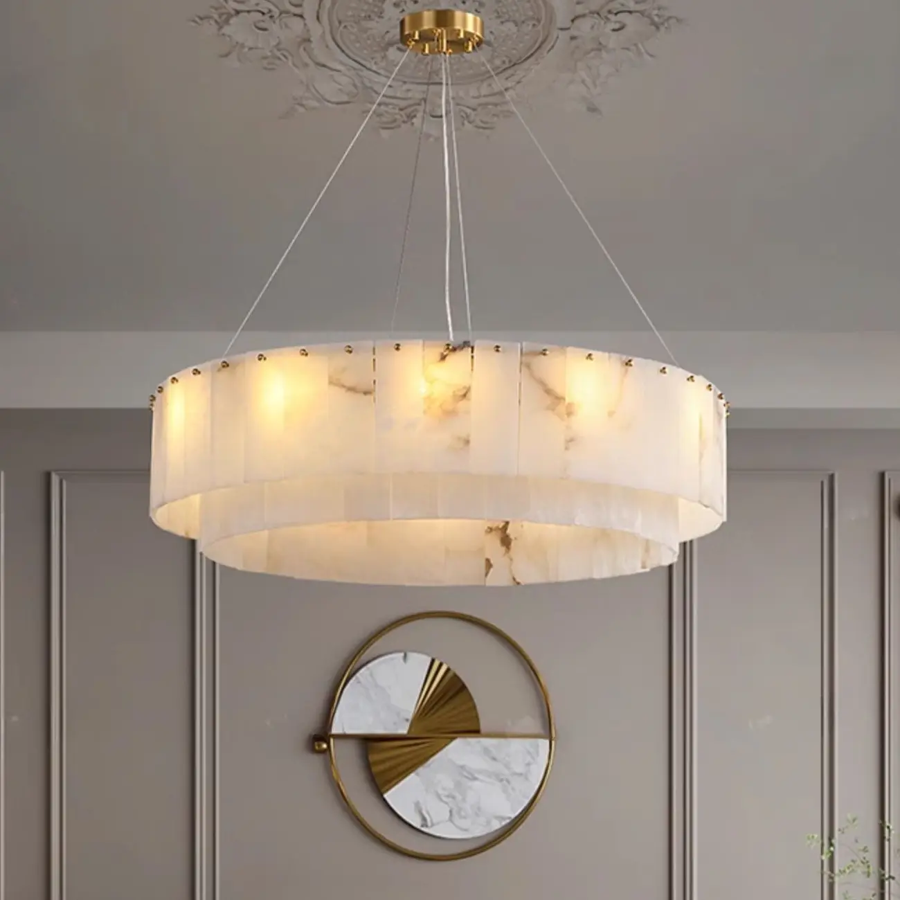 Vintage Gold Alabaster Drum Pendant Chandelier