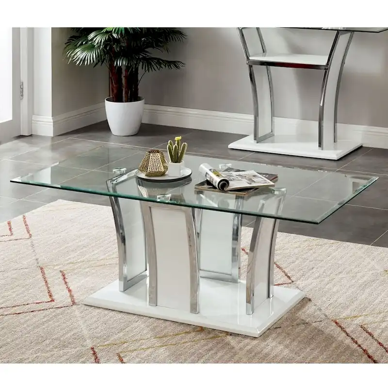 Glass Top Coffee Table with Chrome Trim - 47 Inch Modern Design