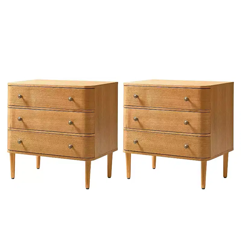Noah Modern 26W 3-Drawer End Table Set of 2 with Solid Wood Legs Built-in Outlet|ART OF LIVING DESIGNS-OAK