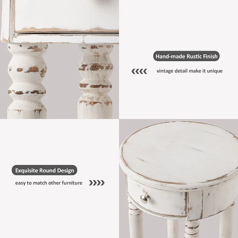 White Distressed Round Tall Telephone Stand Table