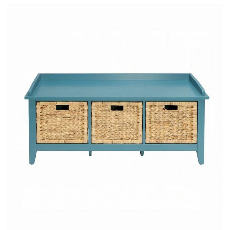 Rectangular Wooden Bench with Storage Basket, Blue