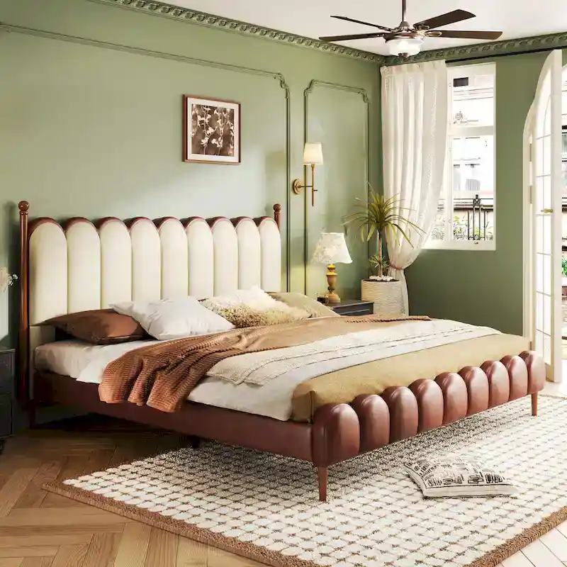 Leather Upholstered Bed with Headboard & Footboard, Solid Wood Slats & Legs