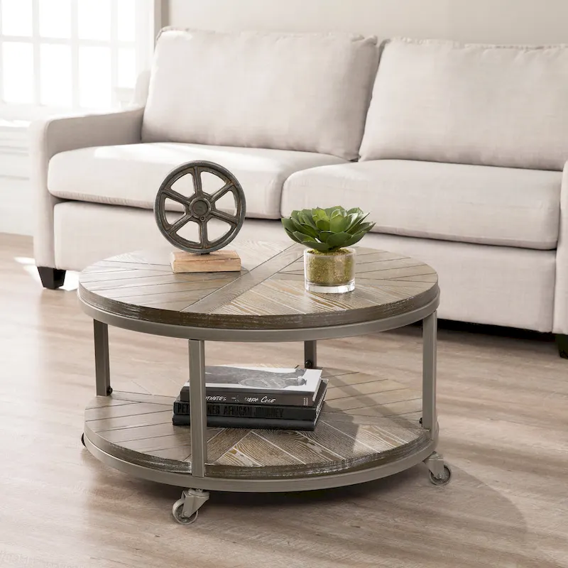 Industrial style round wooden coffee table with shelves
