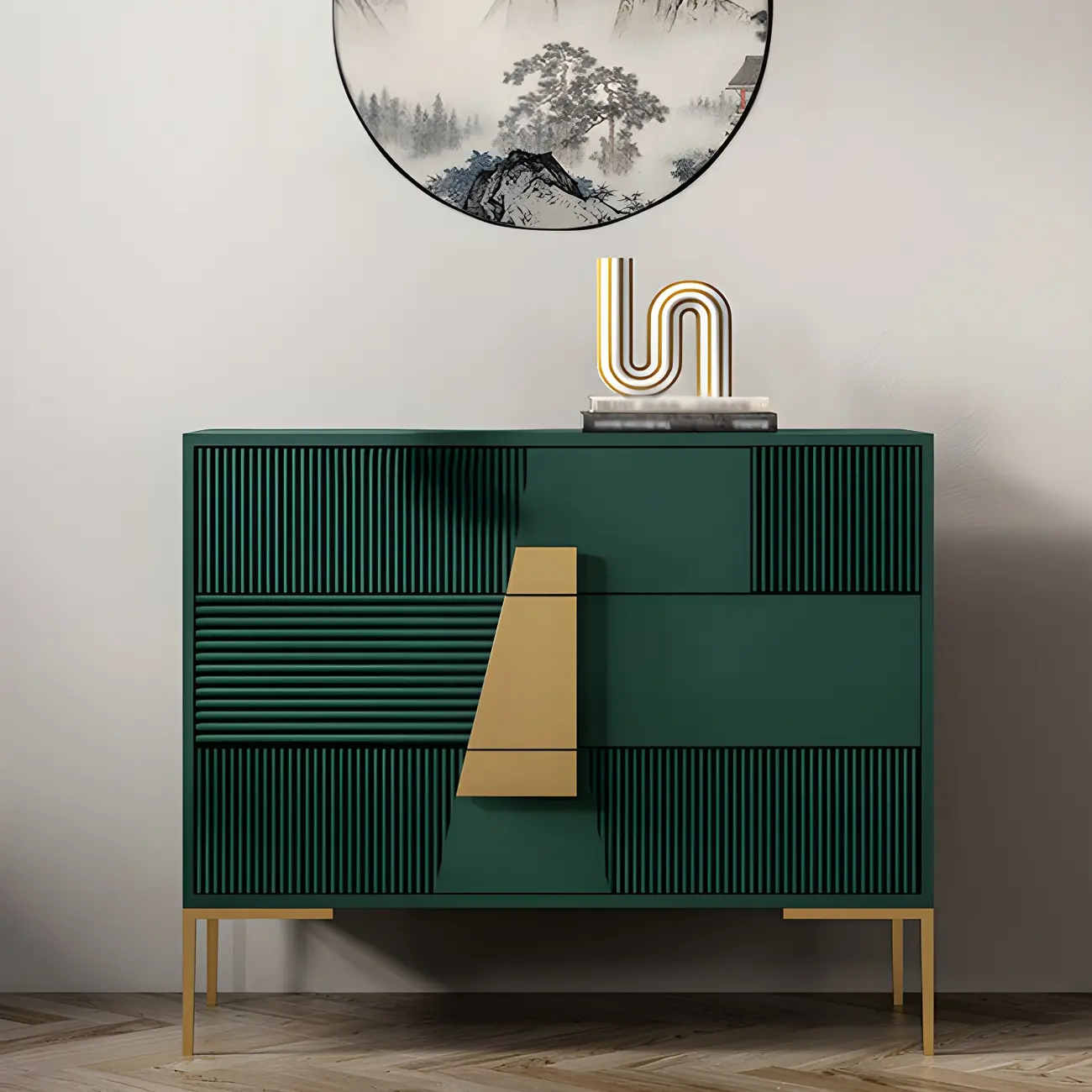 Elegant Wooden Sideboard with Drawers in Green/Grey