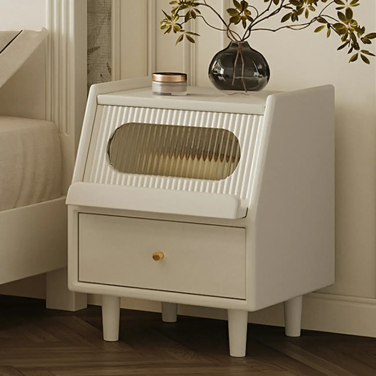 White Rubberwood 2 Drawers Narrow Nightstand with Legs