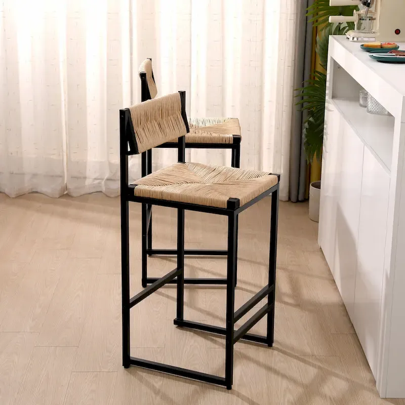 Counter Height Bar Stools Set of 2, Kichen Island Chairs with Back, Armless Dinning Room Chairs with Hand Weave