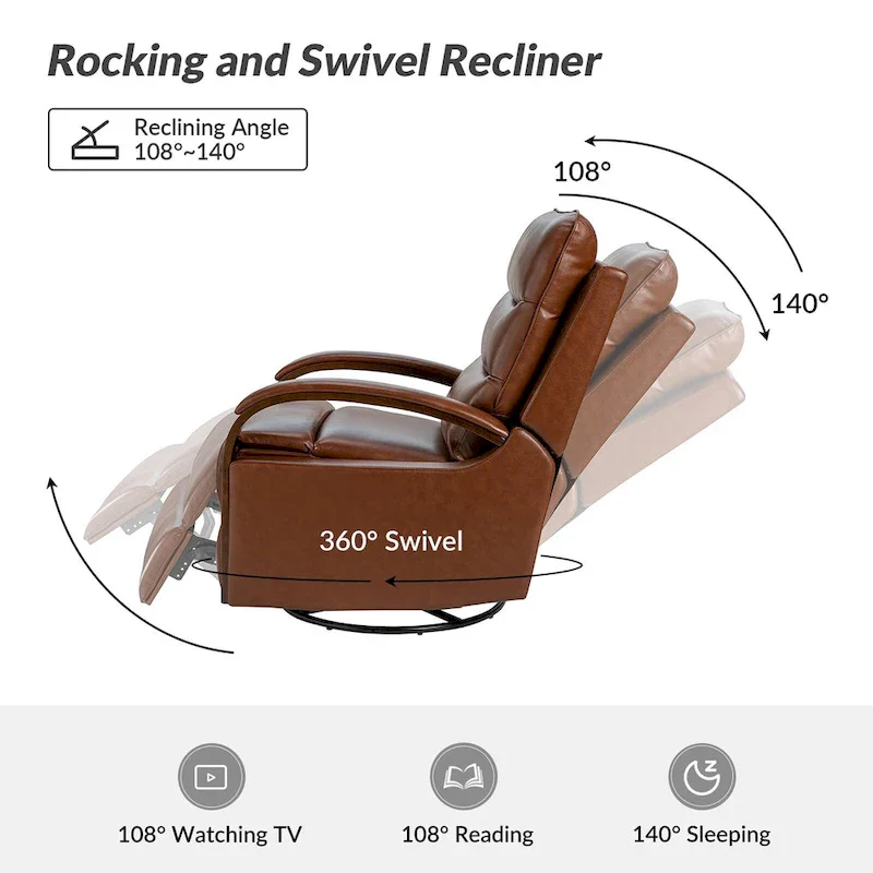 Leopold Modern Genuine Leather Swivel Rocking Manual Recliner Chair with Wooden Arm Accents by HULALA HOME