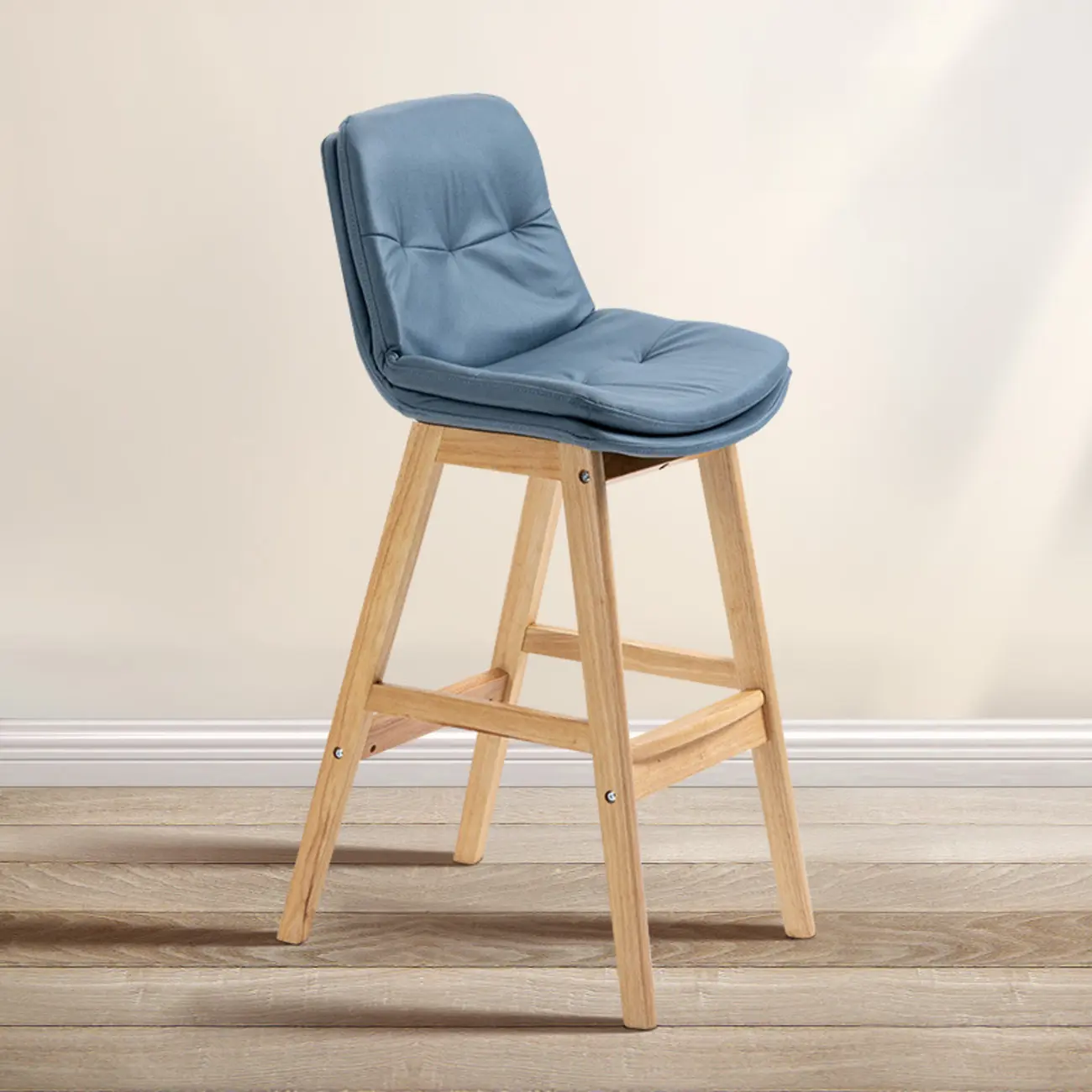 Scandinavian Wood Frame Leather Ergonomic Bucket Bar Stool