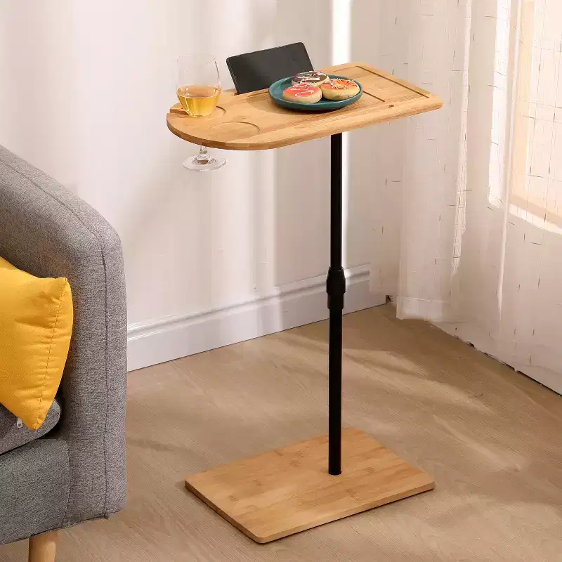 Bamboo Height Adjustable C-Shape Side Table, Oval Rectangle Sofa Tray Table with Phone Slot Wine Glass Holder