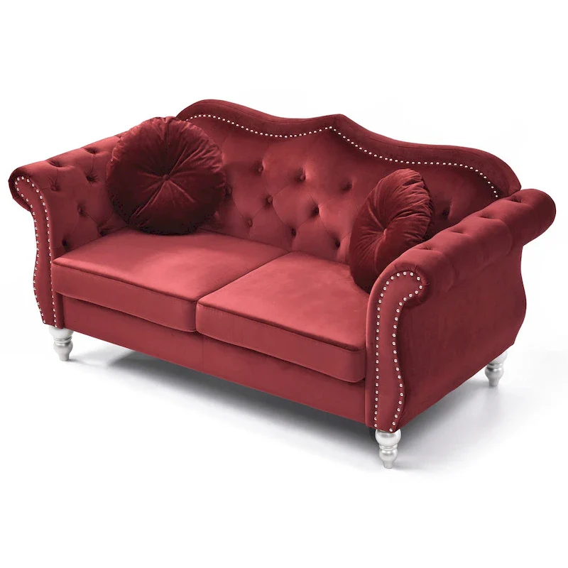 Hollywood 68 in. Velvet Chesterfield Loveseat with 2-Throw Pillow - 68L x 35W x 34H