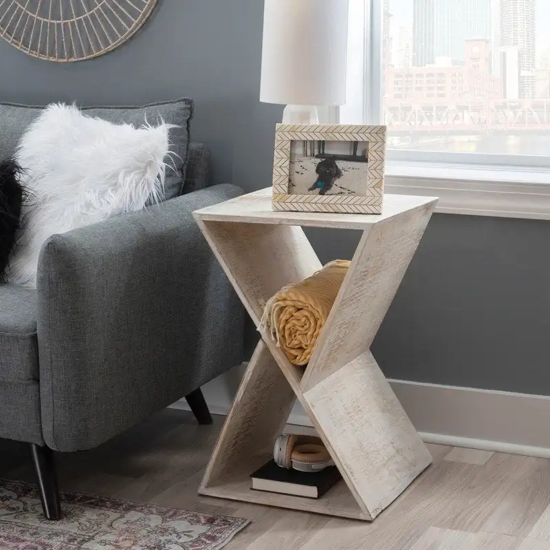White / Natural Triangular Mango Wood Side Table, Single-Use