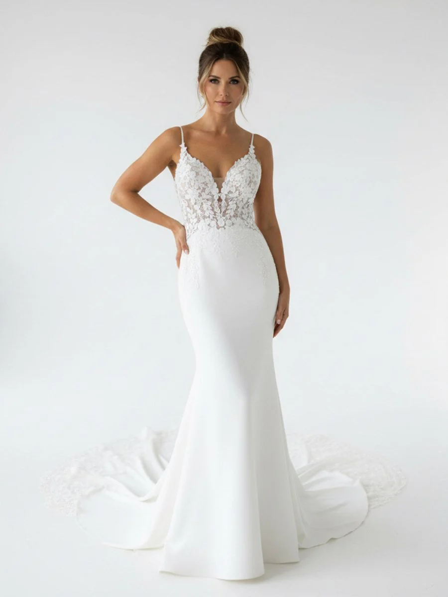 Mermaid V Neck Satin Wedding Dresses with Lace Appliques