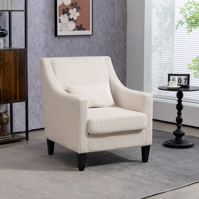 Beige Upholstered Accent Arm Chair with Scooped Arms and Rubber Wood Legs