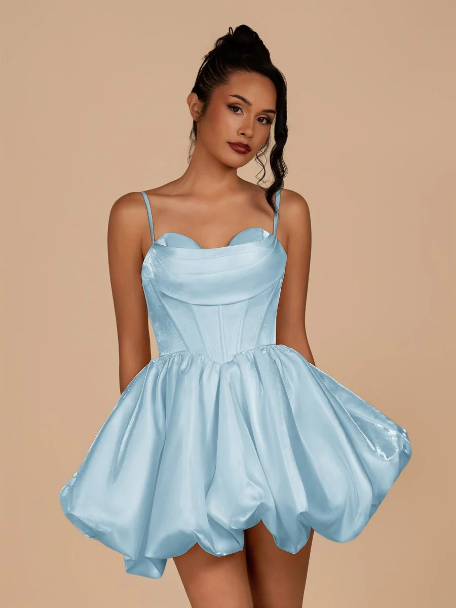 Sky Blue - A Line Bubble hem Satin Corset Sweetheart Homecoming Dresses