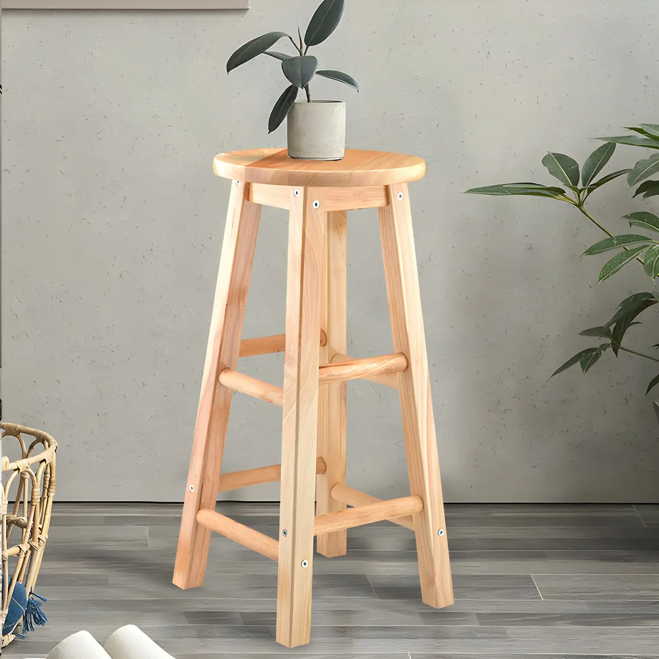 Round Oak Wood Backless Counter Height Bar Stool