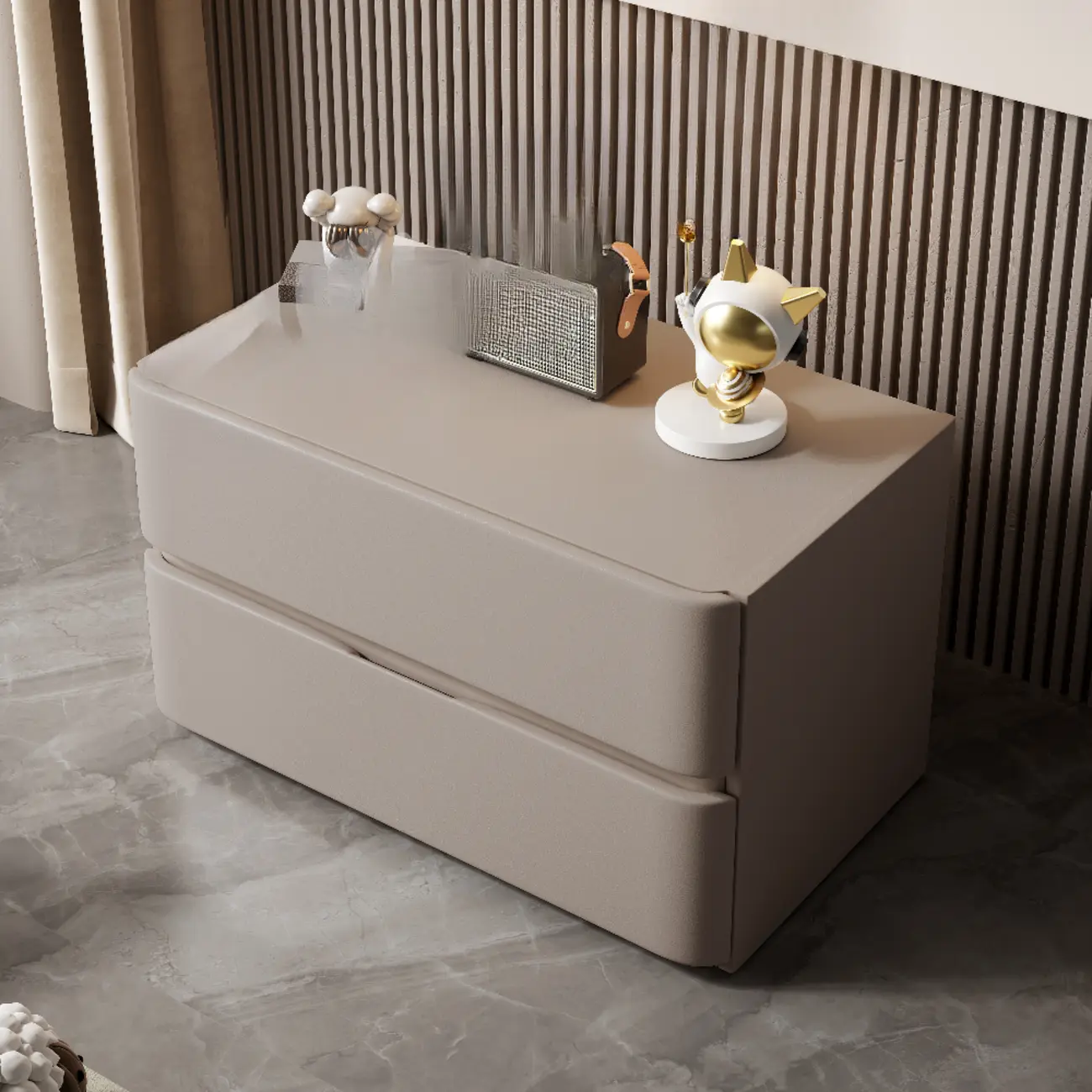 Modern Stone Top Wooden White Bedside Table 2 Drawers