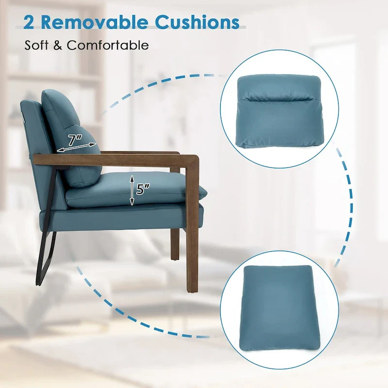 Blue Linen Accent Armchair with Rubber Wood Legs – 1-Seat