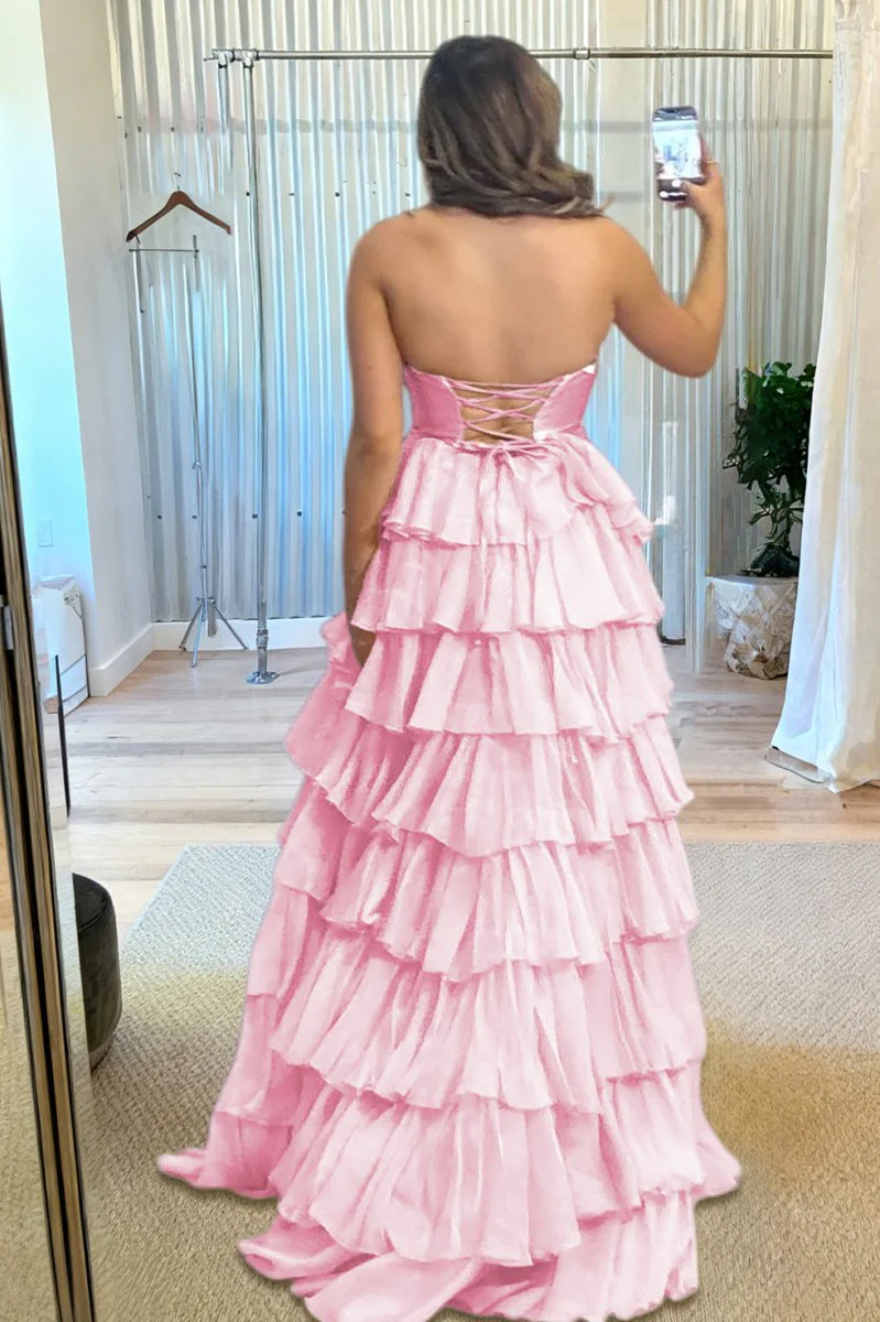 Fuchsia Strapless A Line Chiffon Ruffled Prom Dresses With Cutout