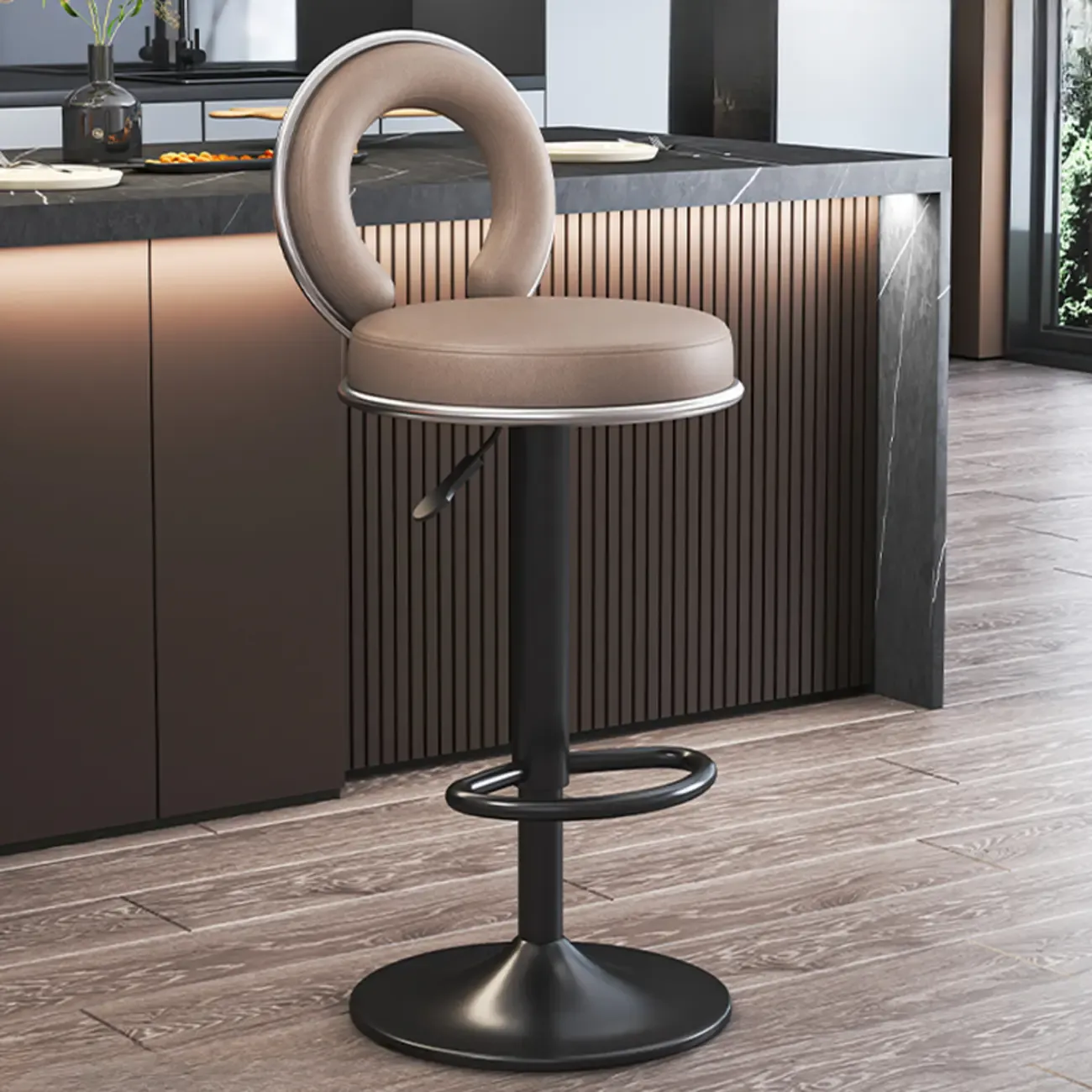 Glam Round Adjustable Leather Swivel Bar Stool with Back