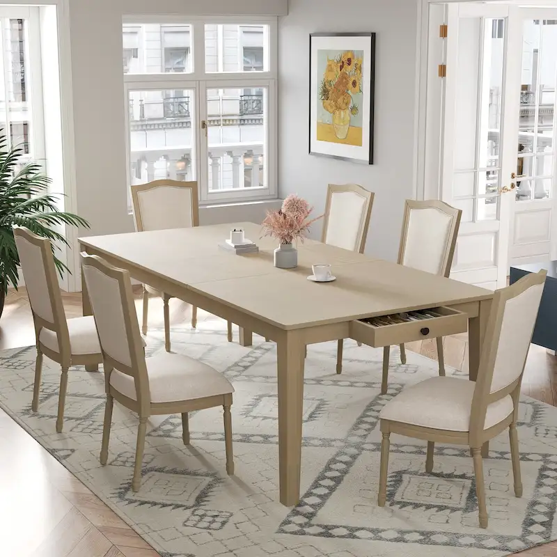 7 Pcs Dining Table Set, Solid Wood Table and Chairs Set with Extendable Dining Table, 2 Drawers and 6 Upholstered Chairs