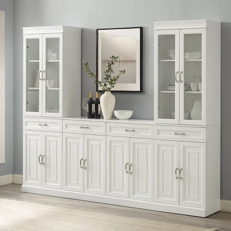 3-Piece Sideboard and Glass Door Pantry Set, White