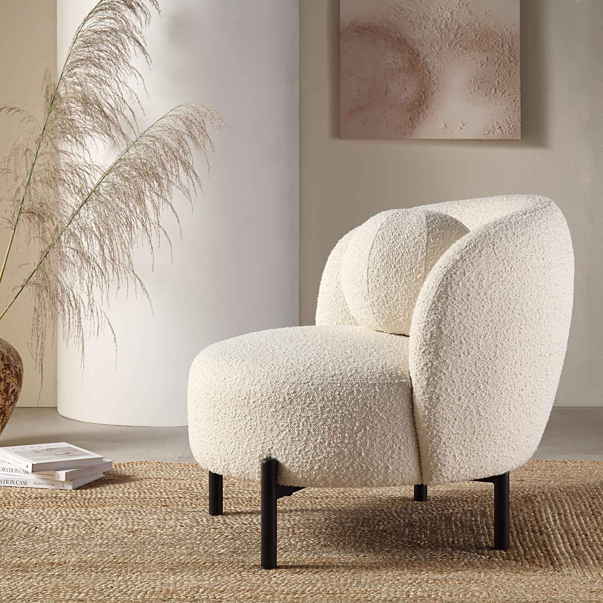 Armchair with Ball Cushion, Ecru Boucle