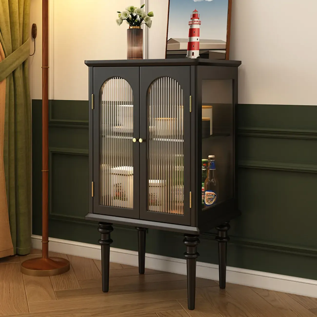 Traditional Black Wood Fluted & Clear Glass Storage Cabinet