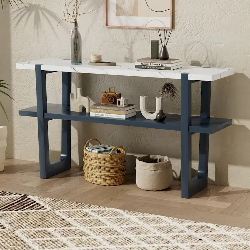 Narrow Console Table with Marble-Effect Top(Navy)