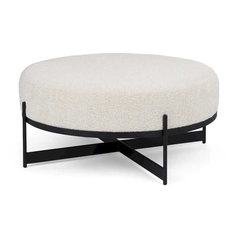 Amelia Cream Boucle Fabric with Black Metal Frame Round Ottoman