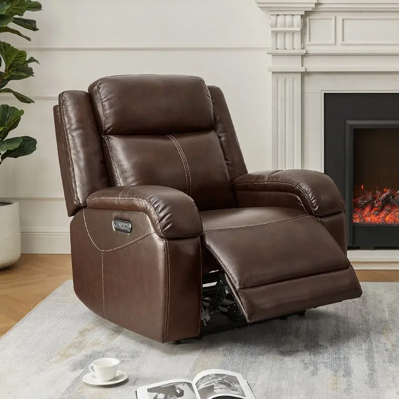 Brown Leather Power Recliner with Headrest - Single Seat
