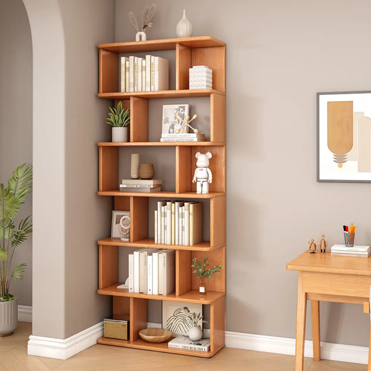Mid-Century 6-Tier Open Back Wooden Bookshelf
