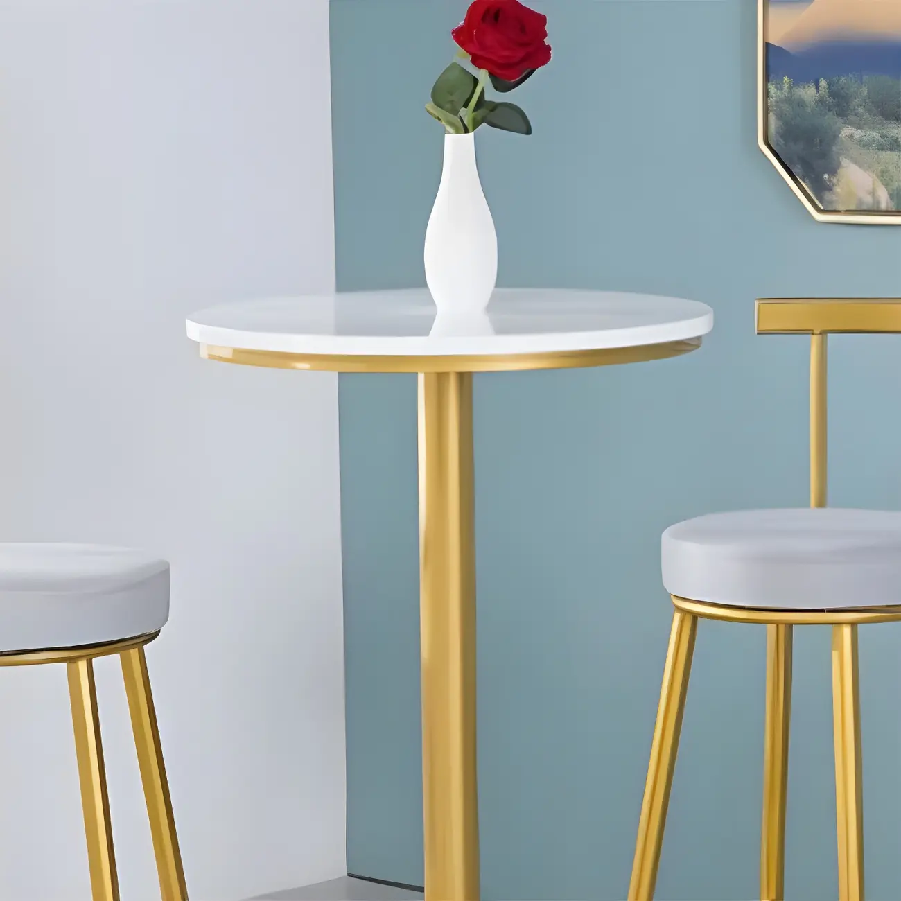 Glam White Faux Marble Golden Metal Trestle Bar Tables