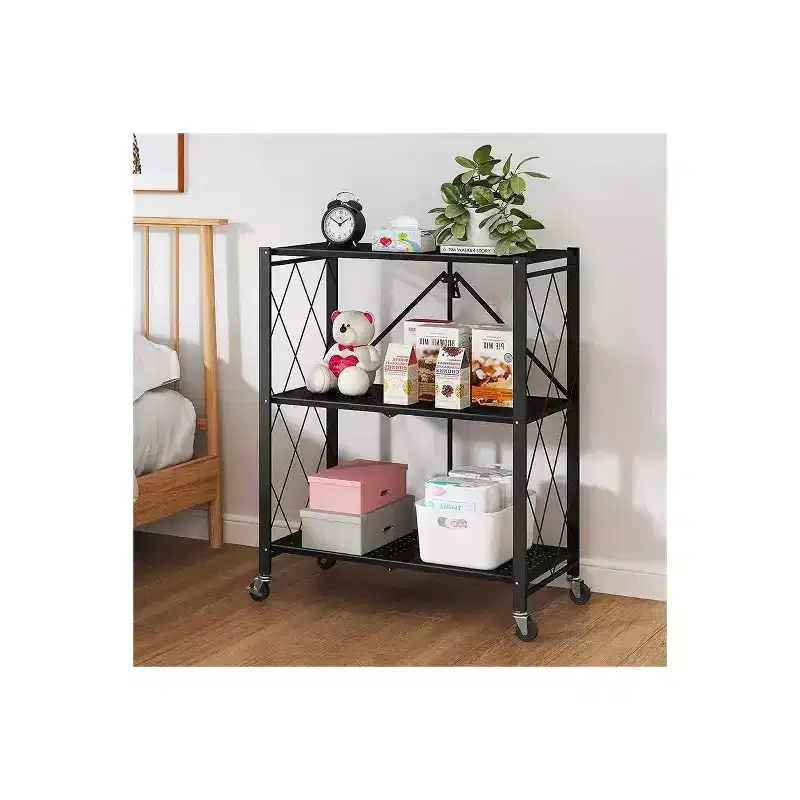J&V TEXTILES Foldable Storage Shelf with Wheels - Metal Collapsible Shelving Unit Display, Rolling Cart for Books Kitchen Storage Shelves