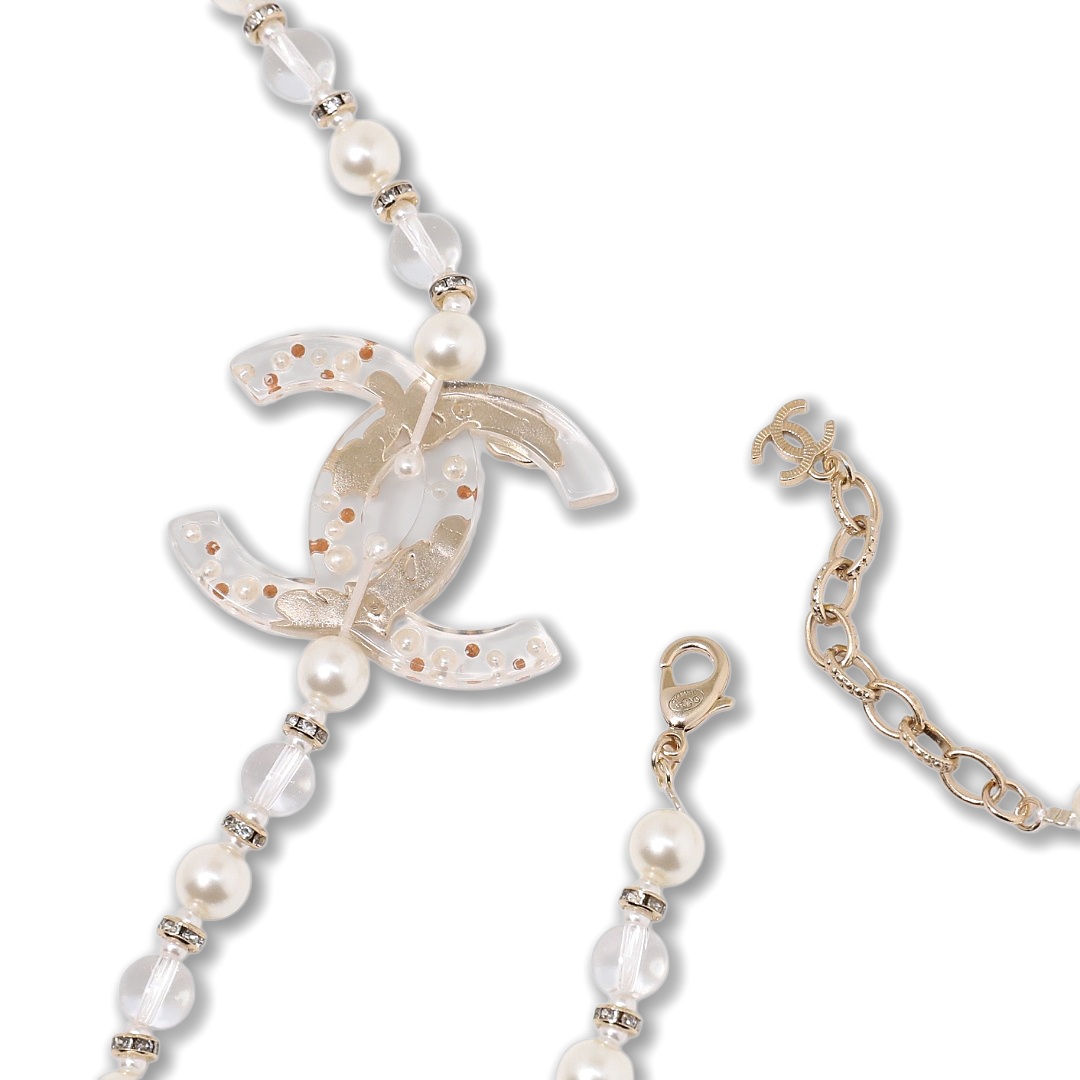 CCL073 Chanel transparency cc logo pearl long chain sweater necklace - ccjewelryacc