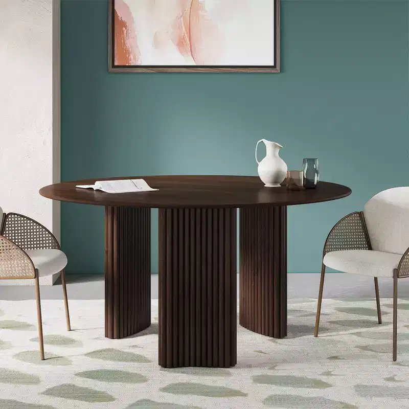 PexFix 60 Modern Round Dining Table with Striped Column Legs Solid Wood Kitchen Table Anti-Scratch Footpads for Dining Room & Kitchen Bar in Walnut