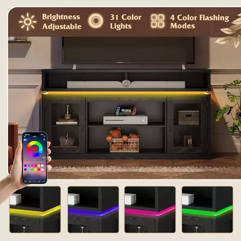 GALAXHERO Farmhouse TV Stand for 65 Inch TV with LED Lights, Rustic Entertainment Center with Storage Cabinets for Living Room or Bedroom