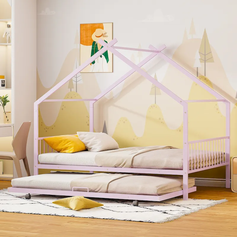 Pink / Black / White Metal House Bed with Twin Trundle, for 2 Kids