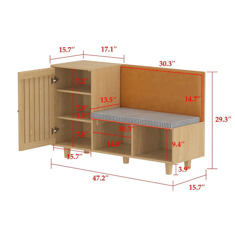 Natural Wood Finish Shoe Cabinet with Houndstooth Bench Seat & PU Backrest – 1-Seat