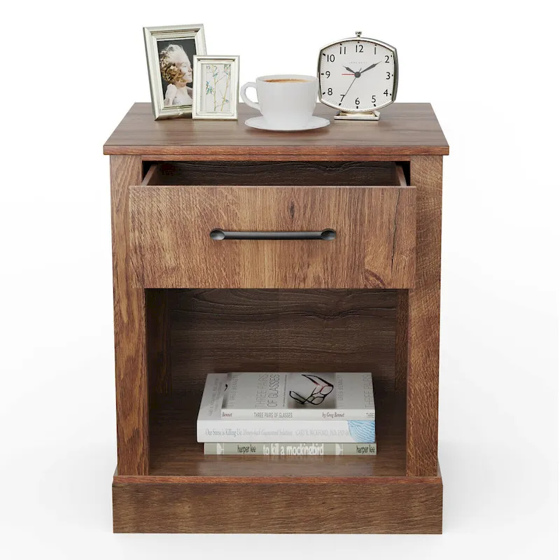 Gymax Nightstand with Drawer and Shelf Rustic Wooden Bedside Table