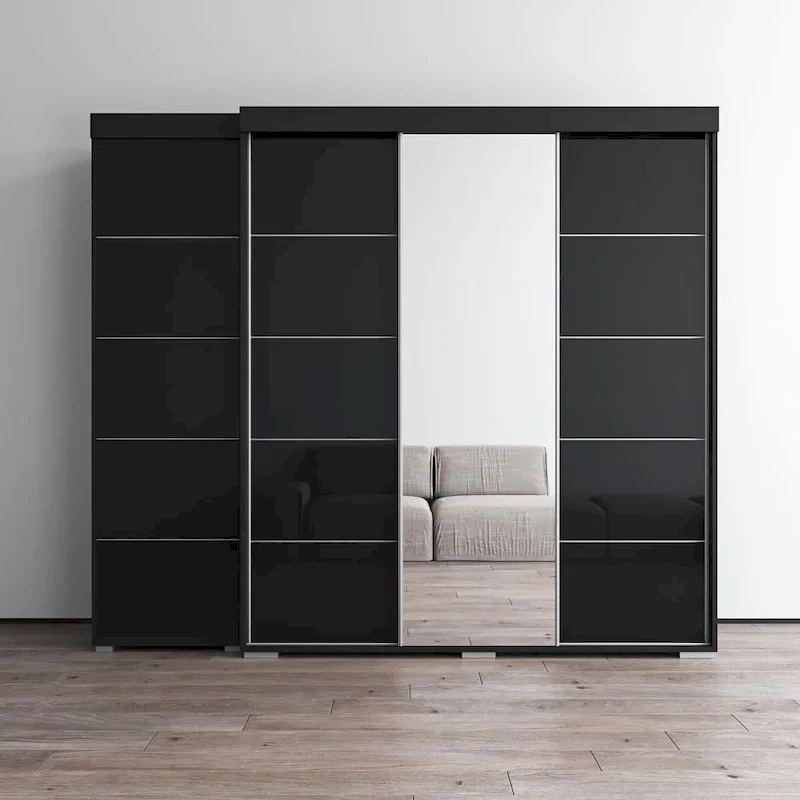 Black / Gray / White 2-Door Wardrobe with Mirror, Glass Front, Single