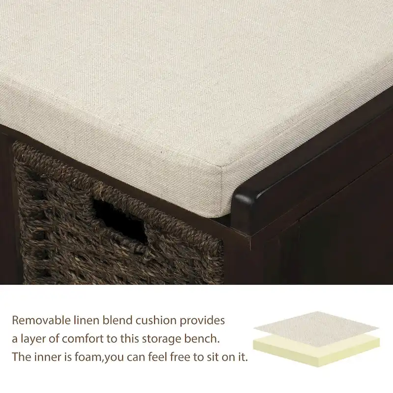 Entryway Bench with 3 Removable Classic Rattan Baskets - 43.7L x 15.7W x 17H