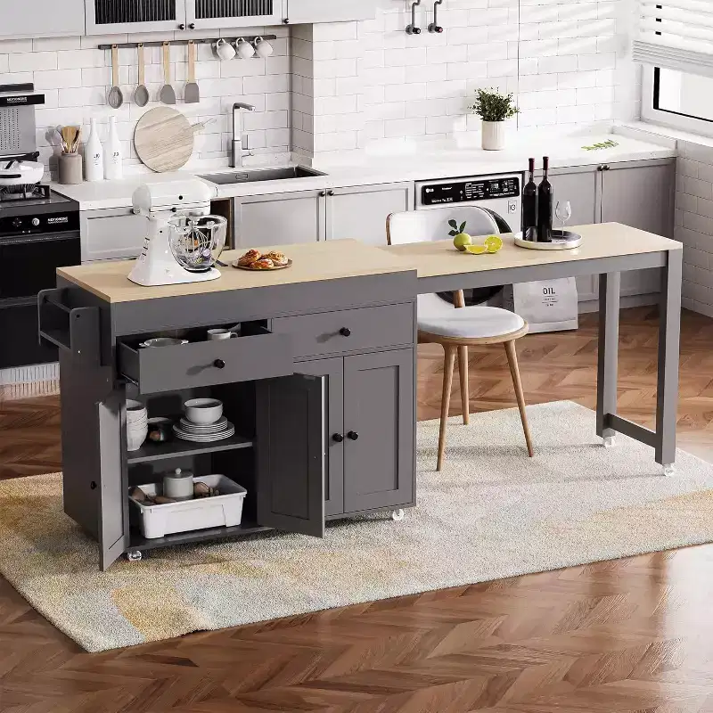 74.5 Rolling Kitchen Island Cart on WheelsExtendable Table, Spice Rack, 2 Drawers, 4 Doors; Grey Trolley for Home, Kitchen, or Garage