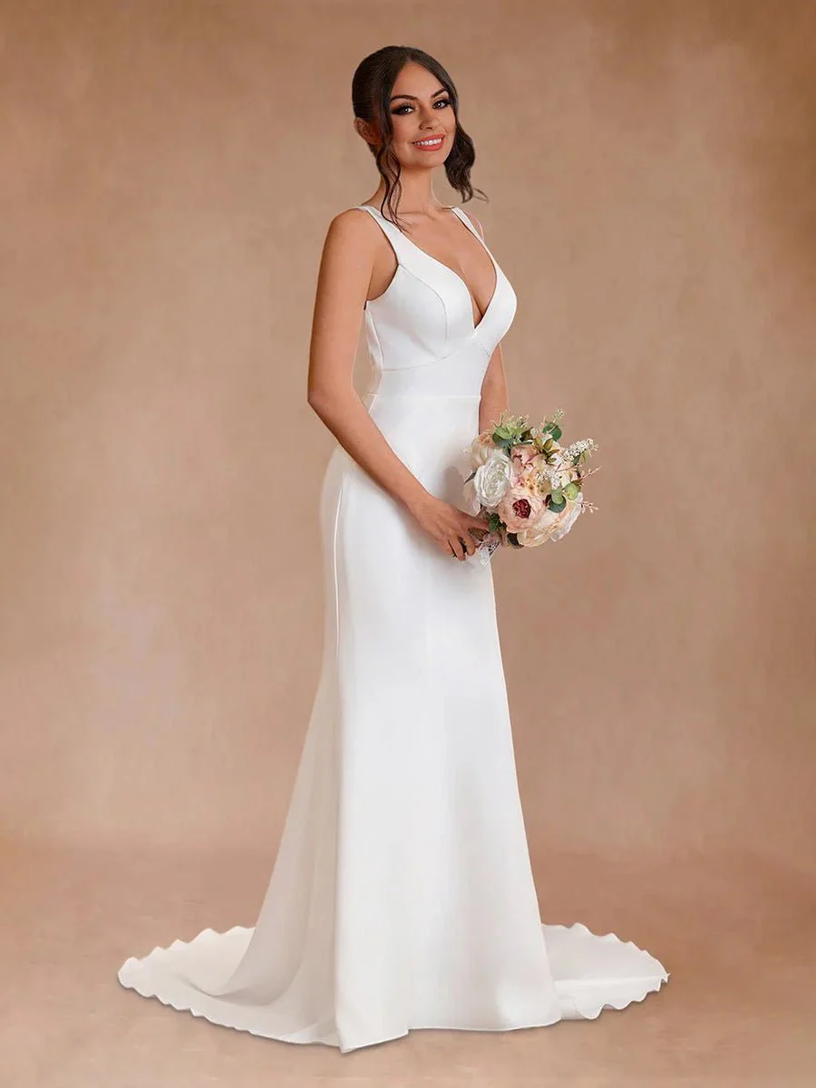 Simple Mermaid V Neck Satin White Wedding Dresses
